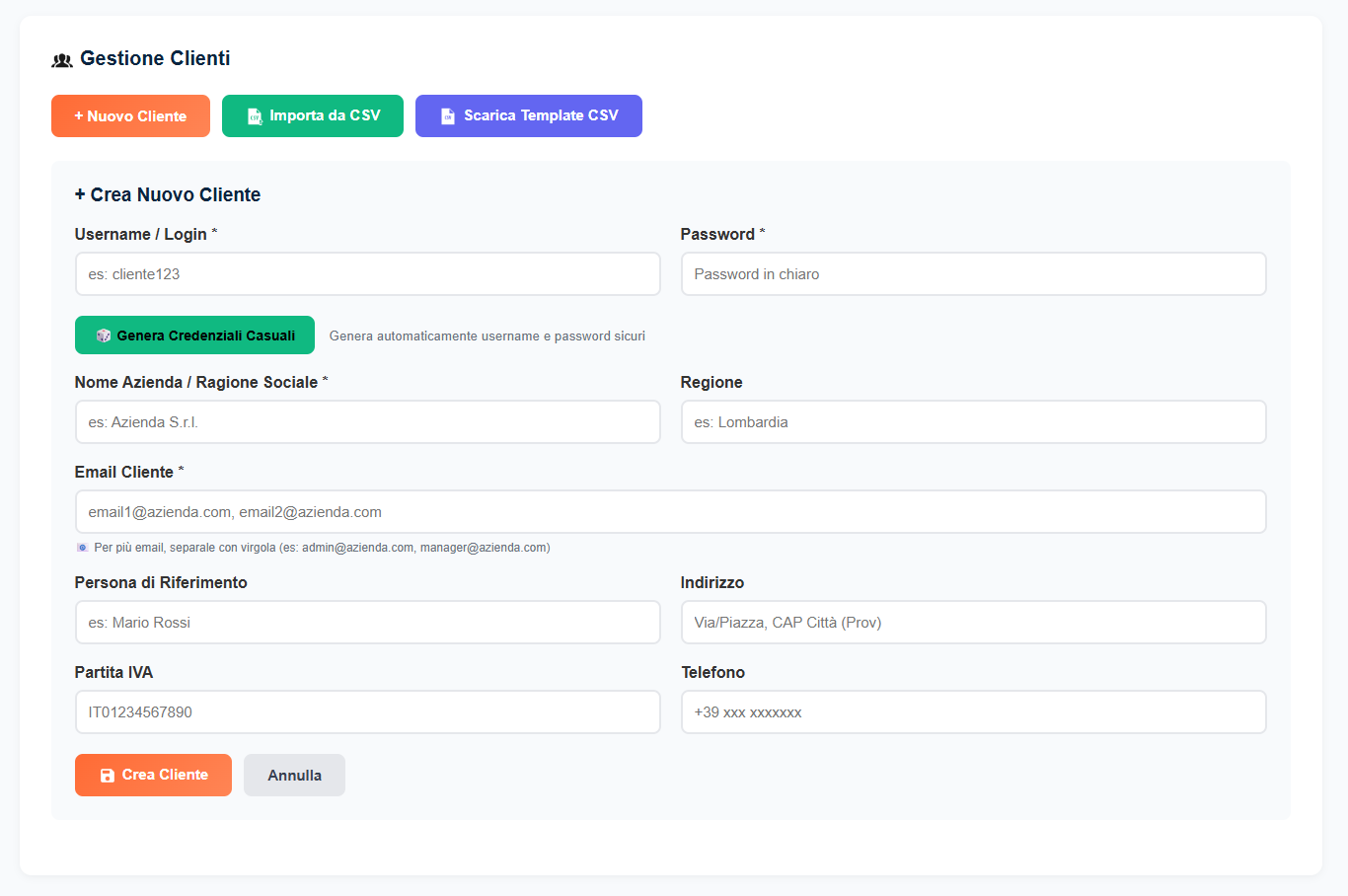 Creazione nuovo cliente