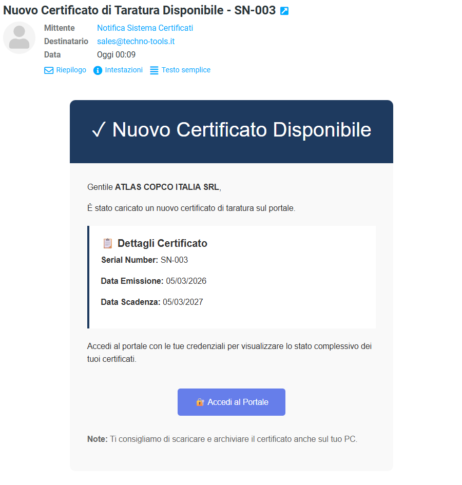Email notifica certificato